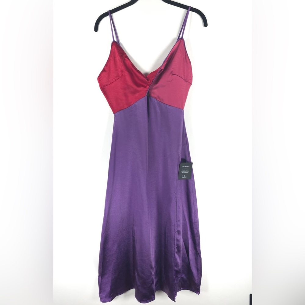 NWT Lulus Chic Combo Purple Color Block Satin Twist-Front Midi Dress D2936 Sz XS - Picture 4 of 14